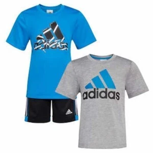 Adidas Boys 3 Piece Clothing Set, 2 T-Shirts, 1 Short Size 5 Blue & Grey - Picture 1 of 3