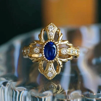 Anillo retro estilo chino zafiro milgrain diamante natural para mujer oro amarillo de 14K Foto 1 de 4