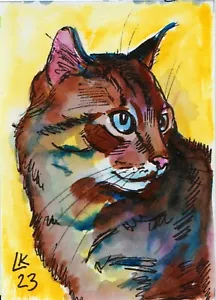 Skurrile gelbäugige Katze ACEO für Katzenfans - Bild 1 von 3