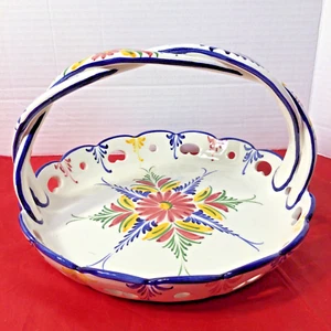 Vintage RCCL Portugal Hand Painted Floral Ceramic Basket Twisted Handle - Picture 1 of 8