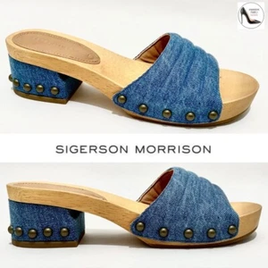 Sigerson Morrison Abel Blue Denim Slides Stud Clogs Sandals Wooden Platform Mule - Picture 1 of 9