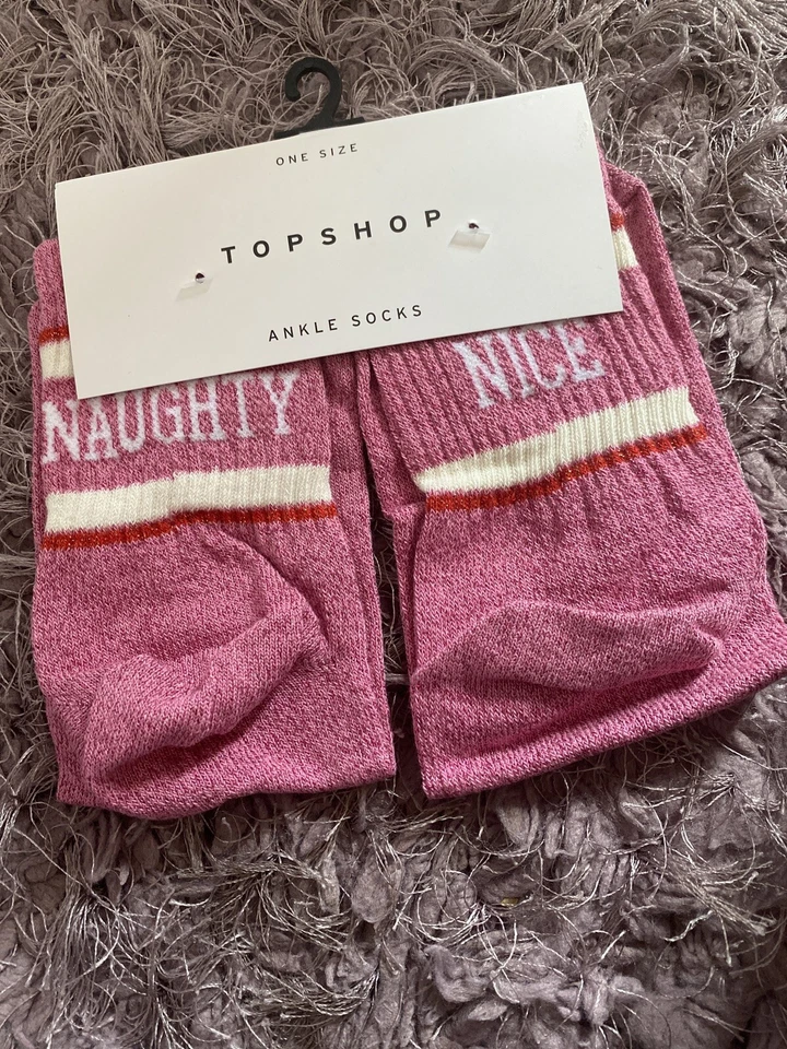 Ladies/Girls Pink Glittery Naughty And Nice Christmas Themed Cotton Ankle Socks - Image 1 of 3