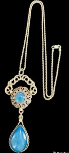 Turkish Pendant Necklace Sterling Silver Blue Chalcedony Stone Turkey Gumus 925 - Picture 1 of 7