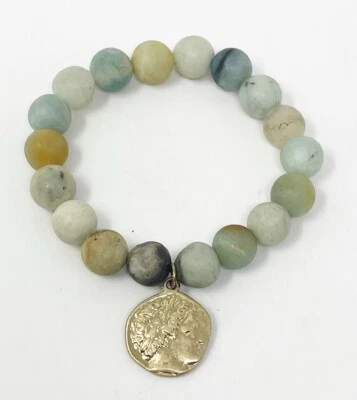 Amazonite Gemstone Bracelet Gold Poseidon Coin Charm Greek Mythology Boho Luxe - Image 1 of 3