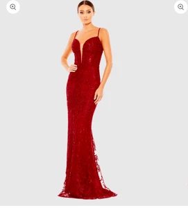 MAC DUGGAL Embellished Plunge Neck Illusion Mermaid Gown in red size 6 NWOT - Picture 1 of 8