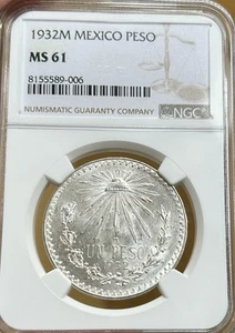 1932 M Mexico Un Peso Silver Peso NGC MS61 - Picture 1 of 2
