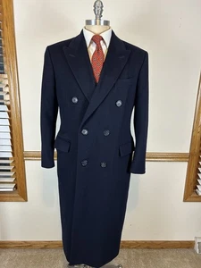 VTG BURBERRYS NAVY BLUE WOOL CASHMERE DOUBLE BREASTED PEAK LAPEL OVERCOAT 42S - Picture 1 of 9