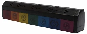 Coffin Style Wood Incense Burner Holder with Seven Chakras Brass Inlays Incense - Picture 1 of 10