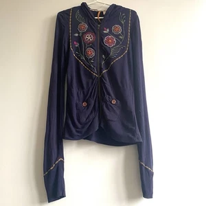 Anthropologie Navy Floral Embroidered Zip Hoodie Womens Size S Boho Artsy y2k 90 - Bild 1 von 21