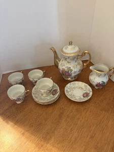 Vintage/ Hand Painted Teapot Set /4 Cups/4/saucer/ Teapot/sugar Bowl - Picture 1 of 6