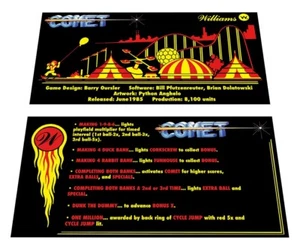 Williams Comet Pinball Custom Apron Instruction Cards - Picture 1 of 1