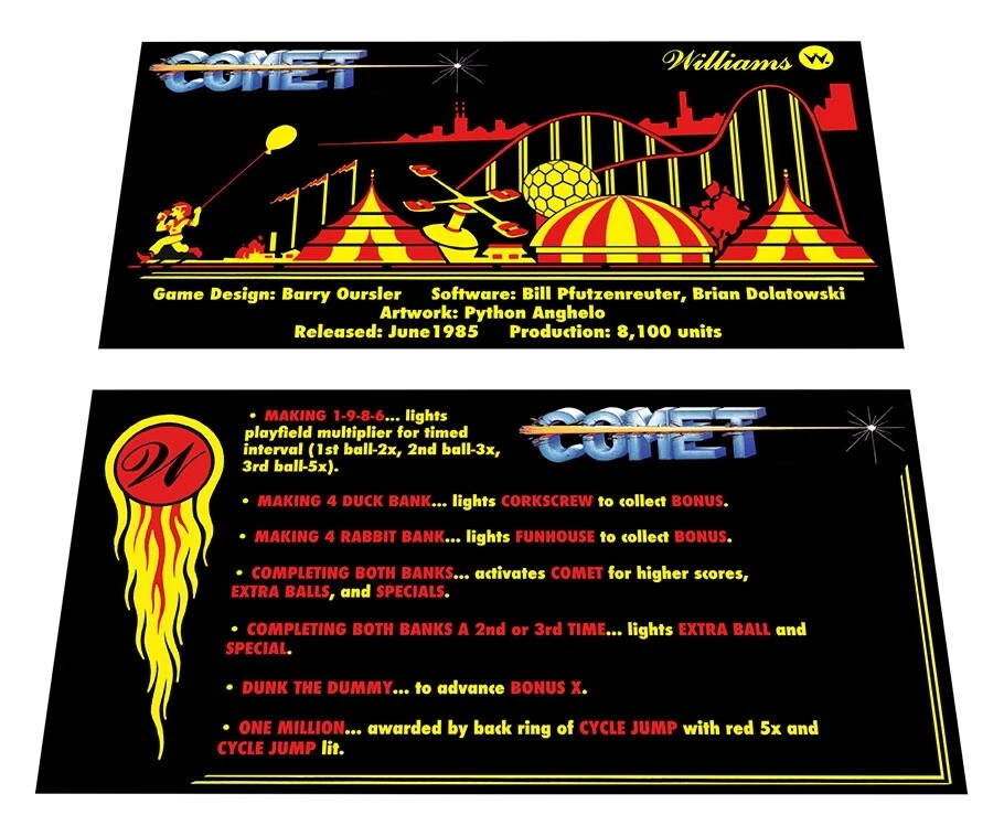 Williams Comet Pinball Custom Apron Instruction Cards - Image 1 of 1