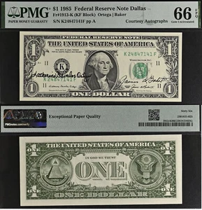 1985 $1 Federal Reserve Note - PMG 66EPQ - Dual Autograph - Ortega / Baker - Picture 1 of 3