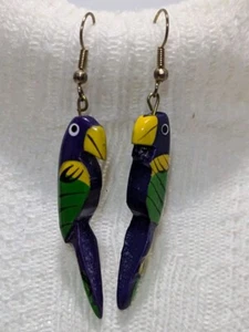 Blue Green Enamel Wood Parrot Long Dangle Hook Earrings  - Picture 1 of 6