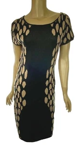 Carmen Marc Valvo Knit Dress Sheath Short Sleeve Black & Brown Sz M Rayon/Nylon - Picture 1 of 6