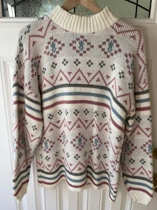 Vintage Ski Häschen Pullover 90er Gr. L rosa gestreift Nordic Style Pulli - Bild 1 von 4