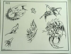 Vintage Spaulding & Rogers Tattoo Flash Sheet 922 Dragon Rose Spider Kangaroo