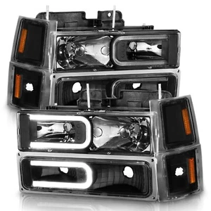 Black Headlights Combo Set w LED C-Bar for 1994-1999 Chevrolet C/K Full Size - Picture 1 of 9