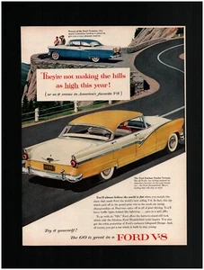 1956 Ford V-8 Fairlane Fordor Victoria Original Printanzeige ~ kostenloser Versand ~ gelbes Auto - Bild 1 von 1