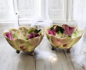 Handbemalte 2er Set ROSEN Goldbesatz Porzellan kleine Fußschalen Vintage - Bild 1 von 8