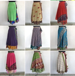 Indian Recycled Wrap Around Skirts Women Beach Wear Vintage Wholesale Silk Sari - Picture 1 of 17