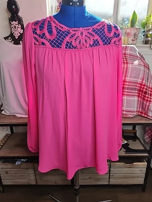 lane bryant 22 24 Bright Pink Long Sleeve Lace on Front tops - Image 1 of 4