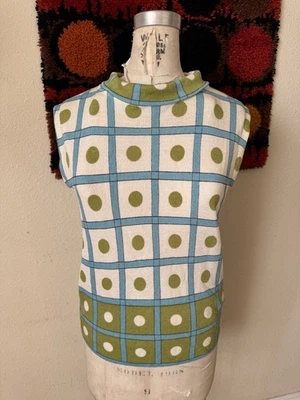 Vintage 60s Mod Mock Neck Sleeveless Top Blue Green Dot Geometric Pattern Gogo - Image 1 of 4