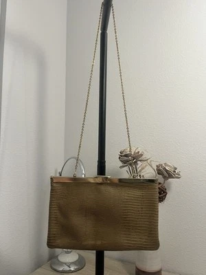 Винтажная вечерняя сумка Etra из натуральной кожи бежевая с золотой цепочкой - Изображение 1 из 4