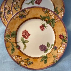 Set/4 222 Fifth ~Tuscany Rose~ 10 3/4” Dinner Plates; Yellow Rim Floral Flower - Picture 1 of 11