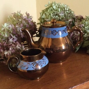 Vintage Gibsons England Copper Luster Floral Blue Band Teapot & Creamer - Picture 1 of 5