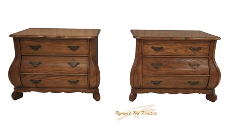 Pair Baker Furniture French Provincial  Oak Bombe Night Chests Cover