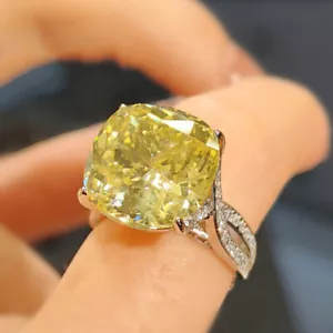 New Square 14mm Yellow Citrine Ice Flower Cut Gems Luxury Women Silver Ring - Picture 1 of 6