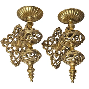 Vintage Hollywood Regency Filigree Metal Wall Sconce Candle Holder 11" Gold Pair - Picture 1 of 20