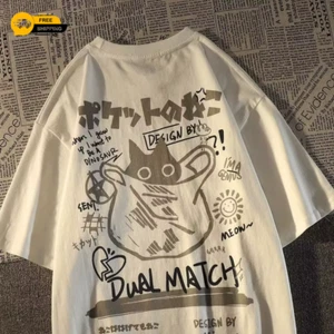 Summer Japanese Retro Pocket Cat Cartoon Printed Short Sleeve T-Shirt Male Femal - Picture 1 of 14