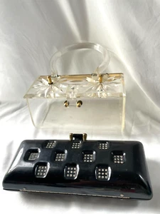 2 VINTAGE 1950'S CARVED LUCITE & RHINESTONE BLACK CLUTCH PURSE- FREE SHIP - Picture 1 of 9