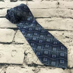 Paul Dione Mens Tie Blue Wavy Geo Print 100% Silk Business Corporate Wear - Picture 1 of 4