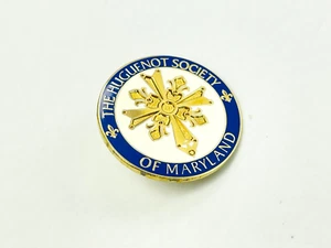 Spilla spilla vintage tono oro bianco blu Hugonot Society of Maryland MD bottone - Foto 1 di 5