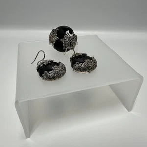 Conjunto de Pendientes y Anillos de Ónix Negro dP925 De Colección India Hecho a Mano Boho - Imagen 1 de 9