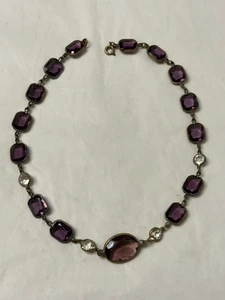 Vintage Brass Frame Open Back Purple Clear Czech Glass Panel Necklace - Picture 1 of 11