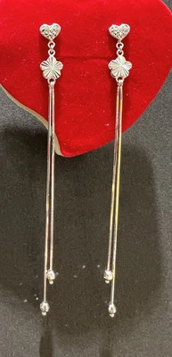 18K Solid White Gold Heart Flower Mix Dangle Stud Earrings - Imagem 1 de 4