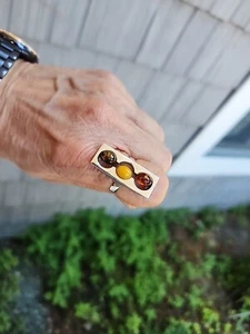 AMBER 3 STONE RECTANGLE,STERLING SILVER BEAUTIFUL Modernist Ring, NWOT 8 - Picture 1 of 10
