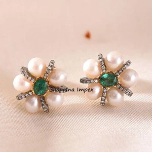 Pendientes de perlas y esmeraldas de diamantes pavé naturales joyas de plata de ley - Imagen 1 de 1