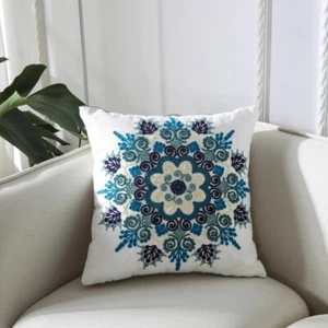 Embroidered Blue Flower Decorative Floral Cotton Cushion Cover 45×45cm - Picture 1 of 3