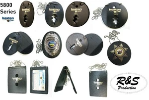 Badge Holder 5800 Series Round Oval Square Belt Clip, Neck Chain Boston Leather - Picture 1 of 65