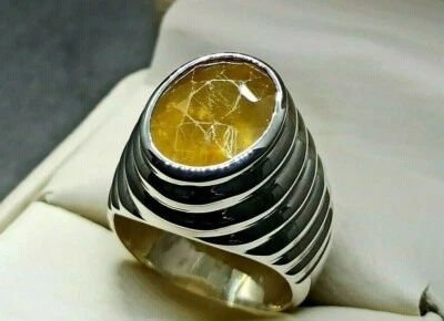 Anillo Pukhraj hecho a mano de plata de ley 925 con zafiro amarillo de 9,5 quilates corte ovalado natural Foto 1 de 4