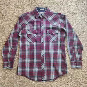 VTG. Roebucks Sears 70s Flannel Button-Snap Mens 16-16.5" Large Burgundy Western - Picture 1 of 8