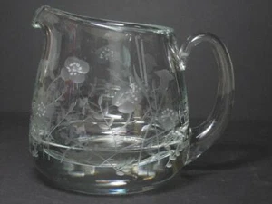 Vintage small Heavy Hand Blown Glass Pitcher Polished Pontil etched Flowers - Picture 1 of 1