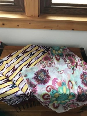 Estate Lot of 2 Rose & Aqua Blue Floral & Wine & Yellow Geometric with Fringe  - Image 1 of 4