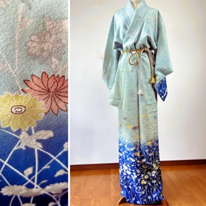 【Excelente】kimono antiguo, kimono japonés, bata kimono, flor, azul derecho - Imagen 1 de 18
