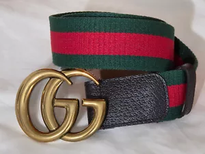 GUCCI Belt Red Green Web Black Leather Gold GG Buckle Size 36-38 105cm - Picture 1 of 13